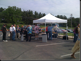 Technologists wait in line patiently awaiting their food