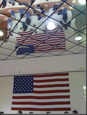 Cool looking flag in the reflective ceiling
