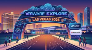 Illustrated VMware Explore Las Vegas 2026 entrance with conference signage and the Las Vegas skyline at sunset.