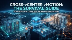 Cross-vCenter vMotion survival guide diagram showing virtual machines moving from source vCenter A to destination vCenter B.