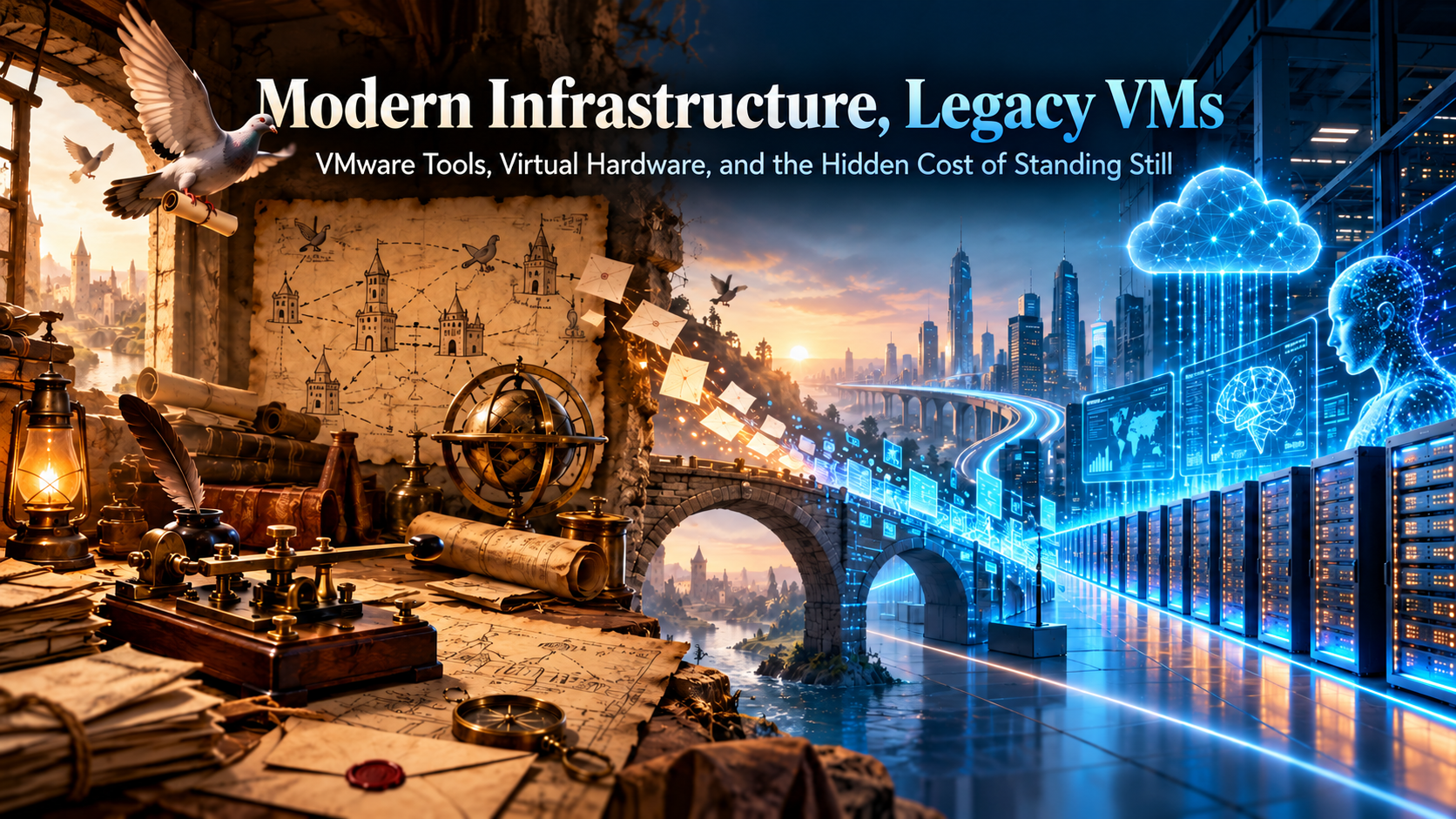 Split-scene illustration of antique telegraph equipment and a carrier pigeon transitioning into a futuristic AI data center, highlighting legacy VMware virtual machines on modern infrastructure.